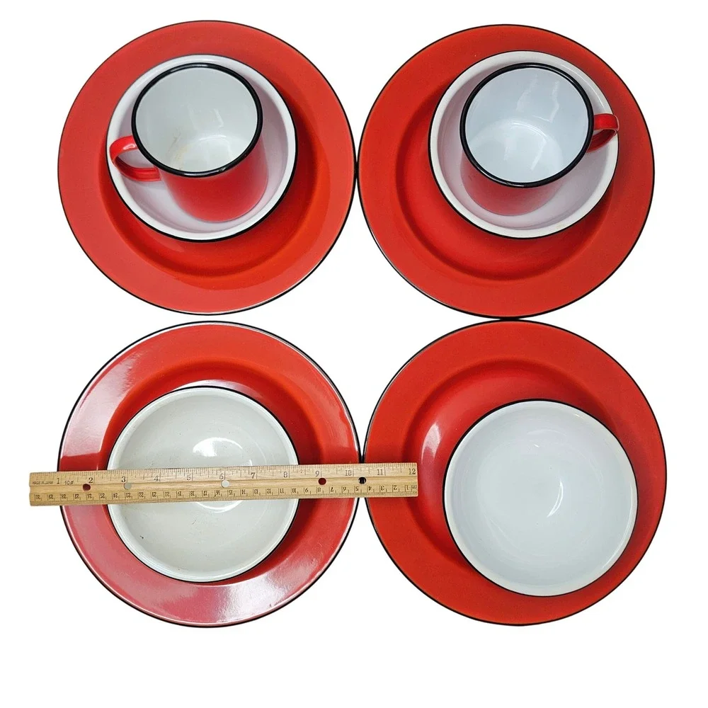 Vtg Red Enamelware 10 Piece Dinnerware Set Camping Plates Bowls Mugs Black Trim